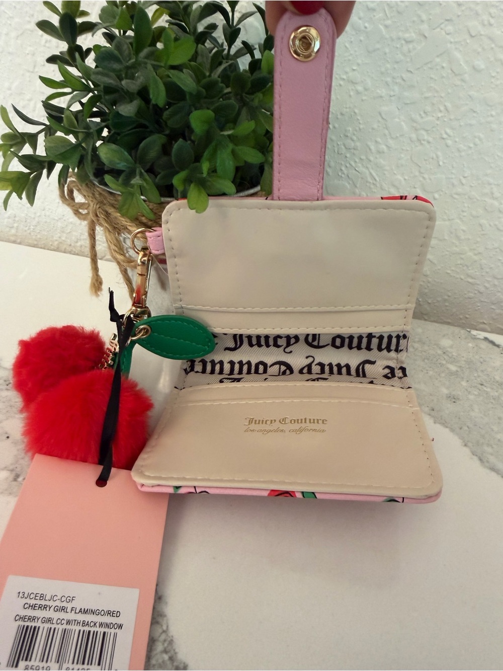 JUICY COUTURE Pink Cherry Print Wallet with Red Pom Keychain Gold Heart Clip - Picture 4 of 6